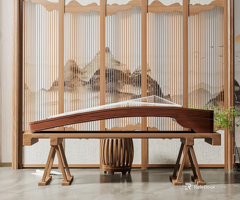 Chinese Zither Musical Instrument with Landscape Painting on Wooden Screen and Traditional Decor 3d model 