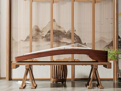 Chinese Zither Musical Instrument with Landscape Painting on Wooden Screen and Traditional Decor 3d model