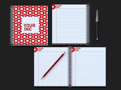 Red Patterned Cover Spiral Notebook Featuring YOUR INC Logo Lined Inner Pages and Pens 3d model