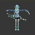 Anime Character With Light Blue Hair Blue White Coat Black Shorts Two Swords Standing Pose