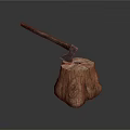 Old Fashioned Axe With Wooden Handle Stuck In Rough Round Tree Stump 3d model