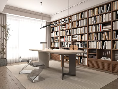 Modern Study Room Interior With Built in Bookshelves Wooden Desk And Pendant Lighting 3d model