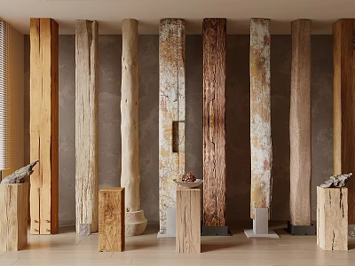 Wooden Columns With Various Natural Textures And Decorative Indoor Display Design 3d model