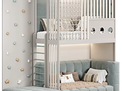 Children's Bunk Bed With Light Blue Gray Ladder Safety Railing Soft Mattress And Wall Decorations 3d model