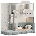 Children's Bunk Bed With Light Blue Gray Ladder Safety Railing Soft Mattress And Wall Decorations