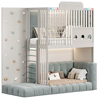 Children's Bunk Bed With Light Blue Gray Ladder Safety Railing Soft Mattress And Wall Decorations 3d model