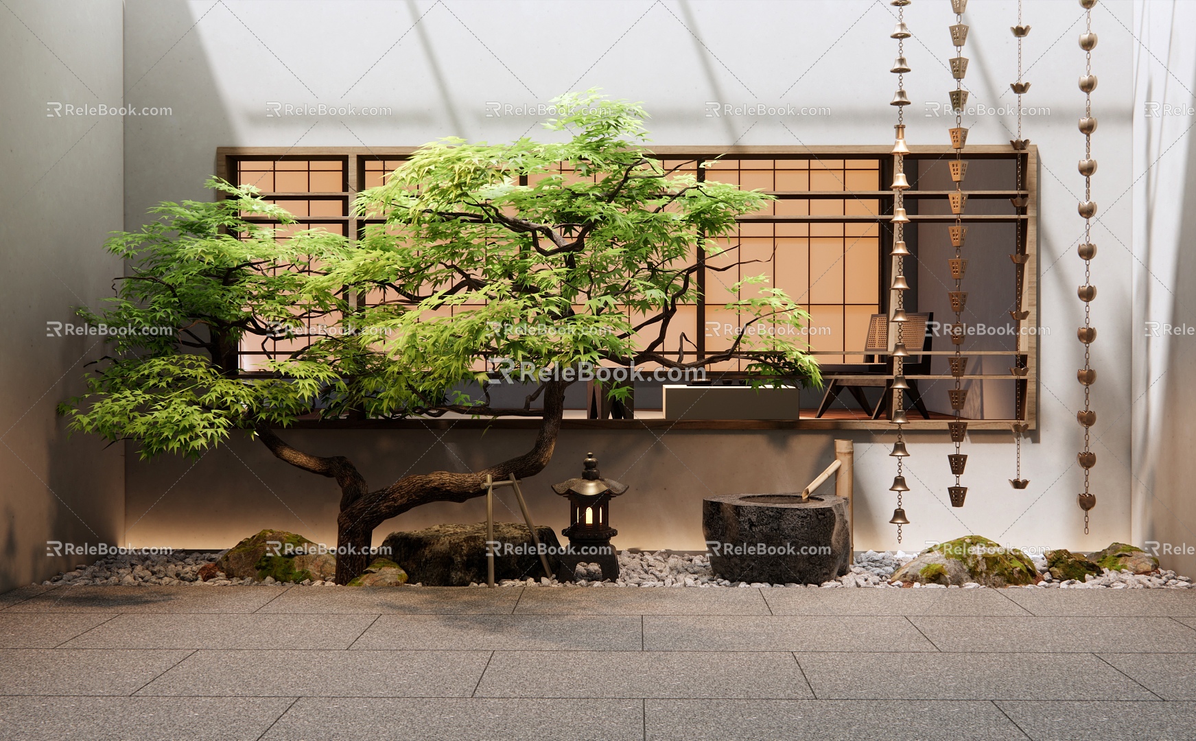 New Chinese Courtyard Landscape Setches Indoor Landscape Landscaping Maple Rain Chain Landscape Stone Water Bowl 3d model