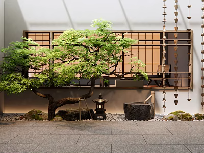 Serene Traditional Indoor Landscape With Green Tree Wooden Lattice Stone Lantern And Gray Floor 3d model