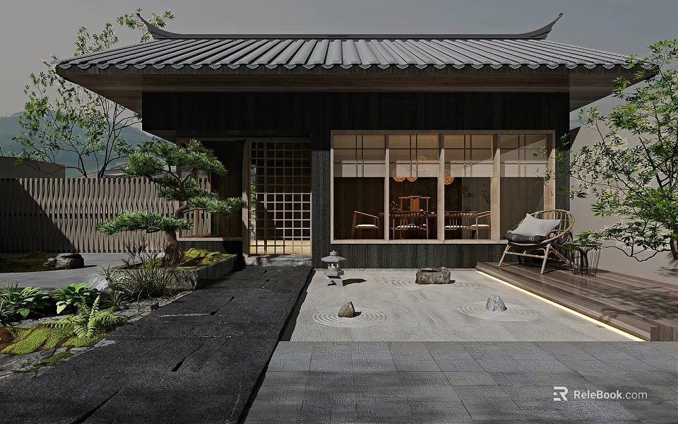 Japanese Style Courtyard Garden With Traditional Architecture Stone Pavement Wooden Seating And Green Plants 3d model 