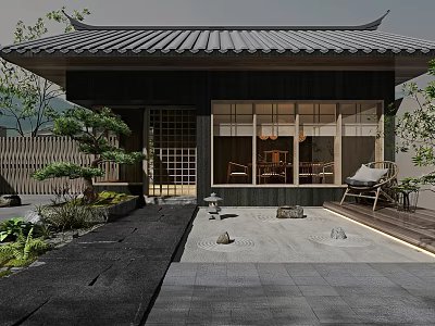 Japanese Style Courtyard Garden With Traditional Architecture Stone Pavement Wooden Seating And Green Plants 3d model