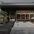 Japanese Style Courtyard Garden With Traditional Architecture Stone Pavement Wooden Seating And Green Plants