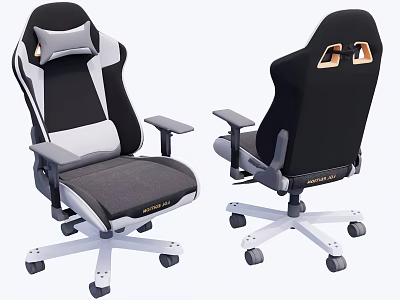 Black And White Ergonomic Gaming Chair With Adjustable Arms Swivel Base And Gold Accent Back 3d model