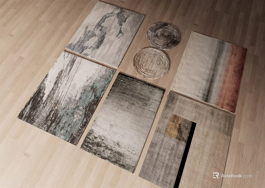 Artistic Pattern Square Rugs with Various Color Tones and Textured Designs on Wooden Surface 3d model 