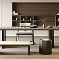 Serene Modern Tea Room Interior With Wooden Shelves Tea Sets Table And Stools