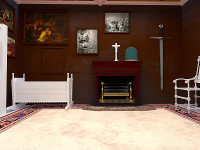 Vintage Room Interior Featuring Wooden Walls Paintings White Baby Bed Fireplace Cross Sword Chair Rugs 3d model