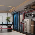 Industrial Interior Design With HVAC Units Red Blue Pipes Blue Grille And Plants