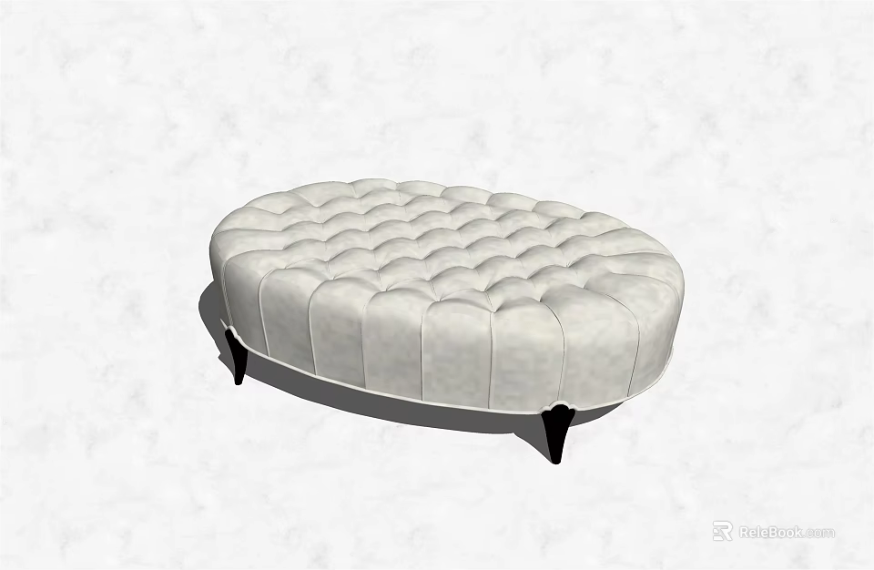 Elegant Oval Tufted Ottoman With Light Gray Leather And Black Legs 3d model 