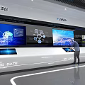 Futuristic Digital Corridor Interior With Large Data Screens And People Walking 3d model