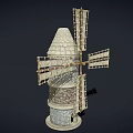 Detailed Vintage Windmill Model With Stone Tower And Wooden Blades Structure