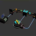 Automated Mechanical Conveyor System With Computer Control And Circular Processing Unit Featuring Blue Yellow Components