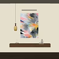 Colorful Abstract Painting Hanging on Wall with Wooden Shelf and Warm Lighting