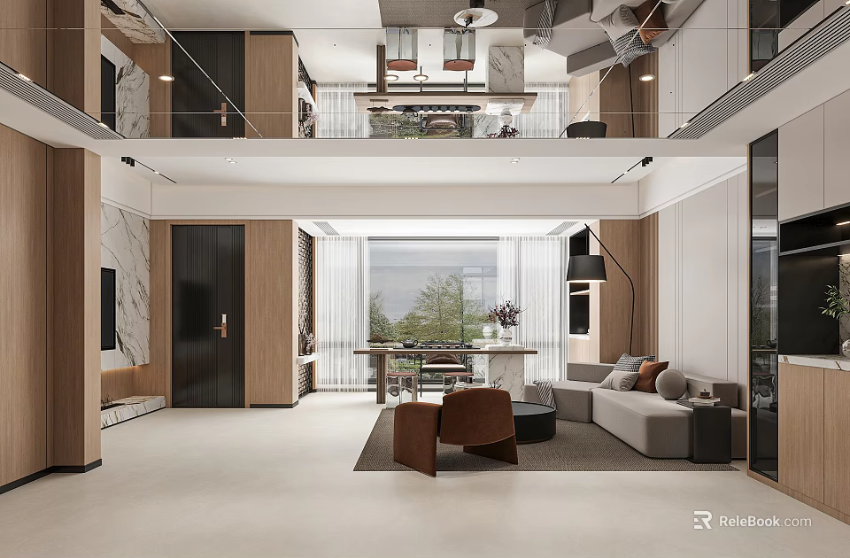 Bright Spacious Modern Duplex Living Room With Warm Wood Finishes And Cozy Furniture Sets 3d model 