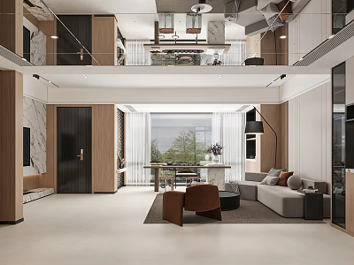 Bright Spacious Modern Duplex Living Room With Warm Wood Finishes And Cozy Furniture Sets 3d model