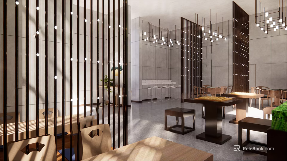 Hotel Mahjong Room Modern Design With Partition Chandeliers And Comfortable Tables Chairs 3d model 