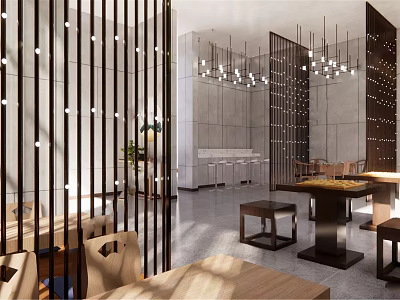 Hotel Mahjong Room Modern Design With Partition Chandeliers And Comfortable Tables Chairs 3d model