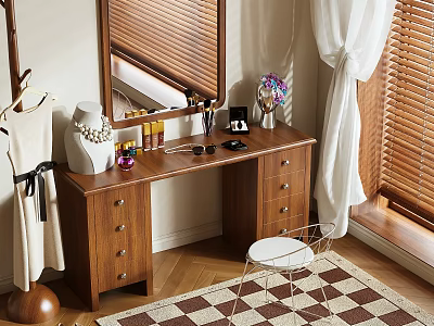Wooden Dressing Table With Mirror Cosmetics Jewelry Box And Stool Near Window Blinds 3d model