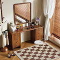 Wooden Dressing Table With Mirror Cosmetics Jewelry Box And Stool Near Window Blinds