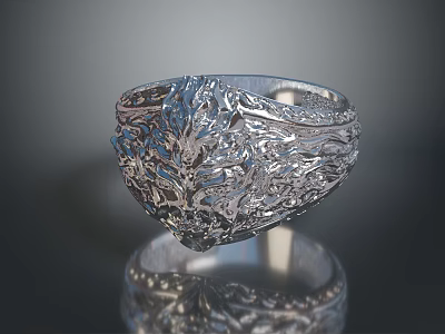 Silver Ornate Ring with Intricate Floral Patterns on Smooth Reflective Surface 3d model