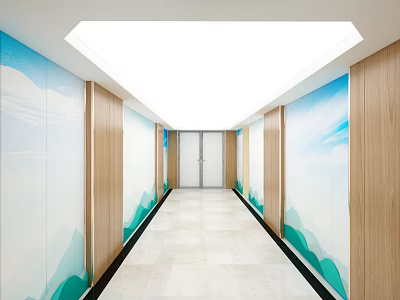 Bright Office Corridor With Wooden Panels Light Floor Tiles And Landscape Wall Decor 3d model