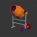 Orange Industrial Cement Mixer with Metal Frame and Red Wheels