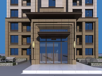 Elegant Modern Residential Building Main Entrance With Glass Door Brown Facade Decorative Lamps And Steps 3d model