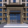 Elegant Modern Residential Building Main Entrance With Glass Door Brown Facade Decorative Lamps And Steps