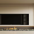 Modern TV Wall with Embedded TV Flame Feature Light-colored Panel Marble Base and Open Shelves 3d model
