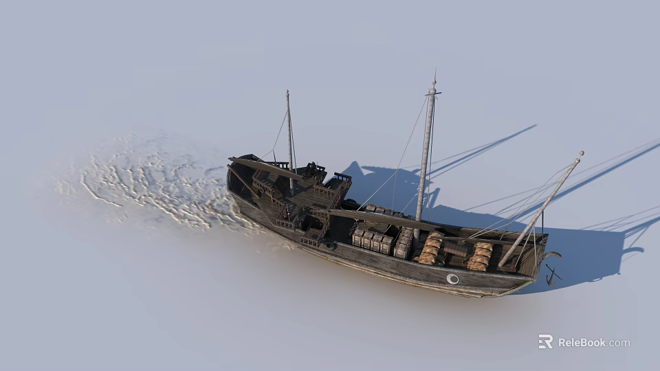 An Old Fashioned Ship Carrying Barrels While Sailing On Water 3d model 