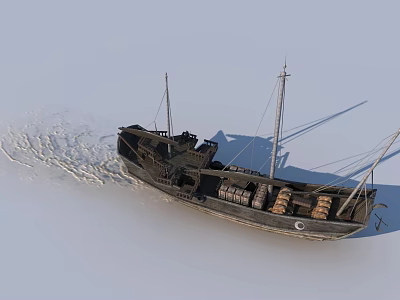An Old Fashioned Ship Carrying Barrels While Sailing On Water 3d model