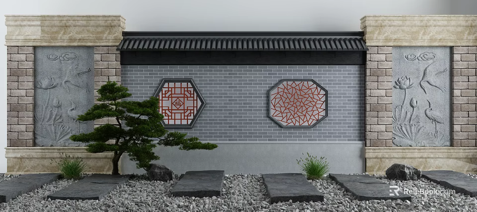 Traditional Chinese Scenic Wall With Gray Brick Surface Red Lattice Windows And Pine Tree 3d model 