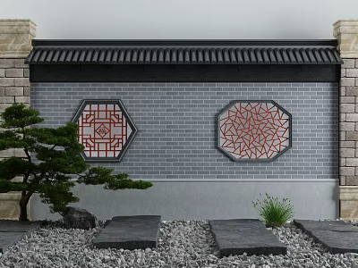 Traditional Chinese Scenic Wall With Gray Brick Surface Red Lattice Windows And Pine Tree 3d model