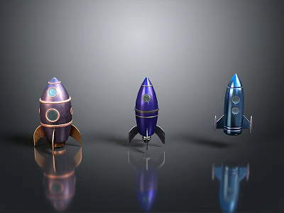 Copper Purple Blue Space Rocket Models With Shiny Surface On Gray Background 3d model