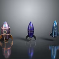 Copper Purple Blue Space Rocket Models With Shiny Surface On Gray Background