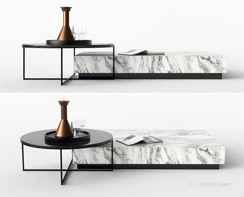 Modern Coffee Table with Marble Top and Black Metal Frame Featuring Tray and Magazines 3d model 