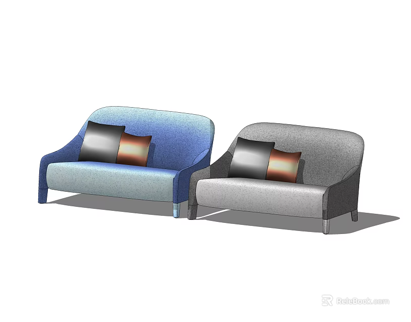 Modern Two Seater Sofas in Blue and Gray with Black and Orange Cushions 3d model