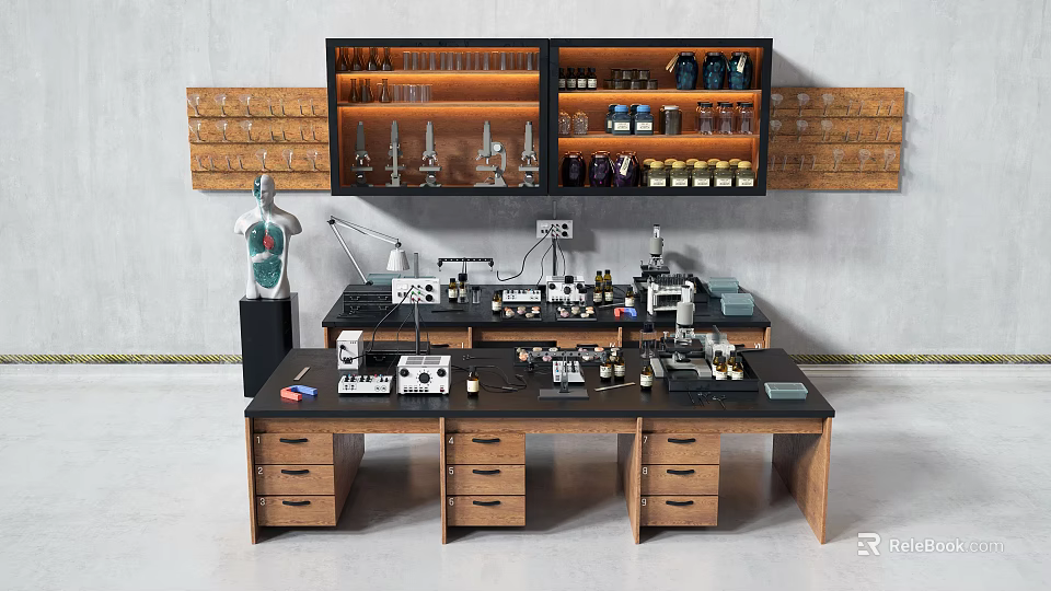 Professional Industrial Equipment In Laboratory Workspace With Metal Bench And Instrument Shelves 3d model 