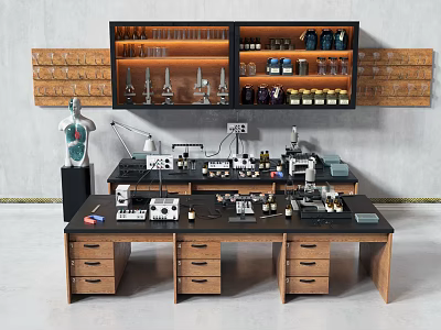 Professional Industrial Equipment In Laboratory Workspace With Metal Bench And Instrument Shelves 3d model