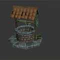 Traditional Well Structure With Tiled Roof Wooden Wheel And Stone Base