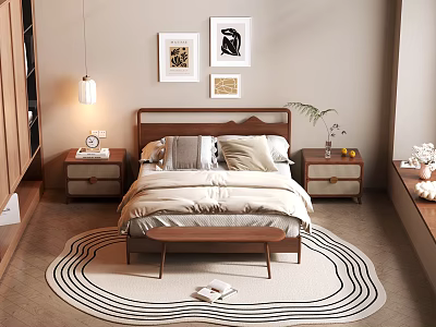 Modern Cozy Bedroom Interior With Wooden Bedside Tables Framed Artworks And Rug 3d model