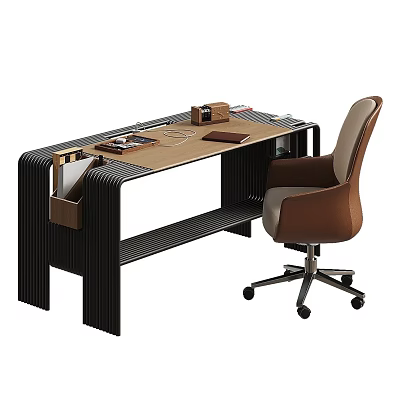 Elegant Modern Luxury Office Desk With Comfortable Leather Executive Chair And Practical Side Storage 3d model
